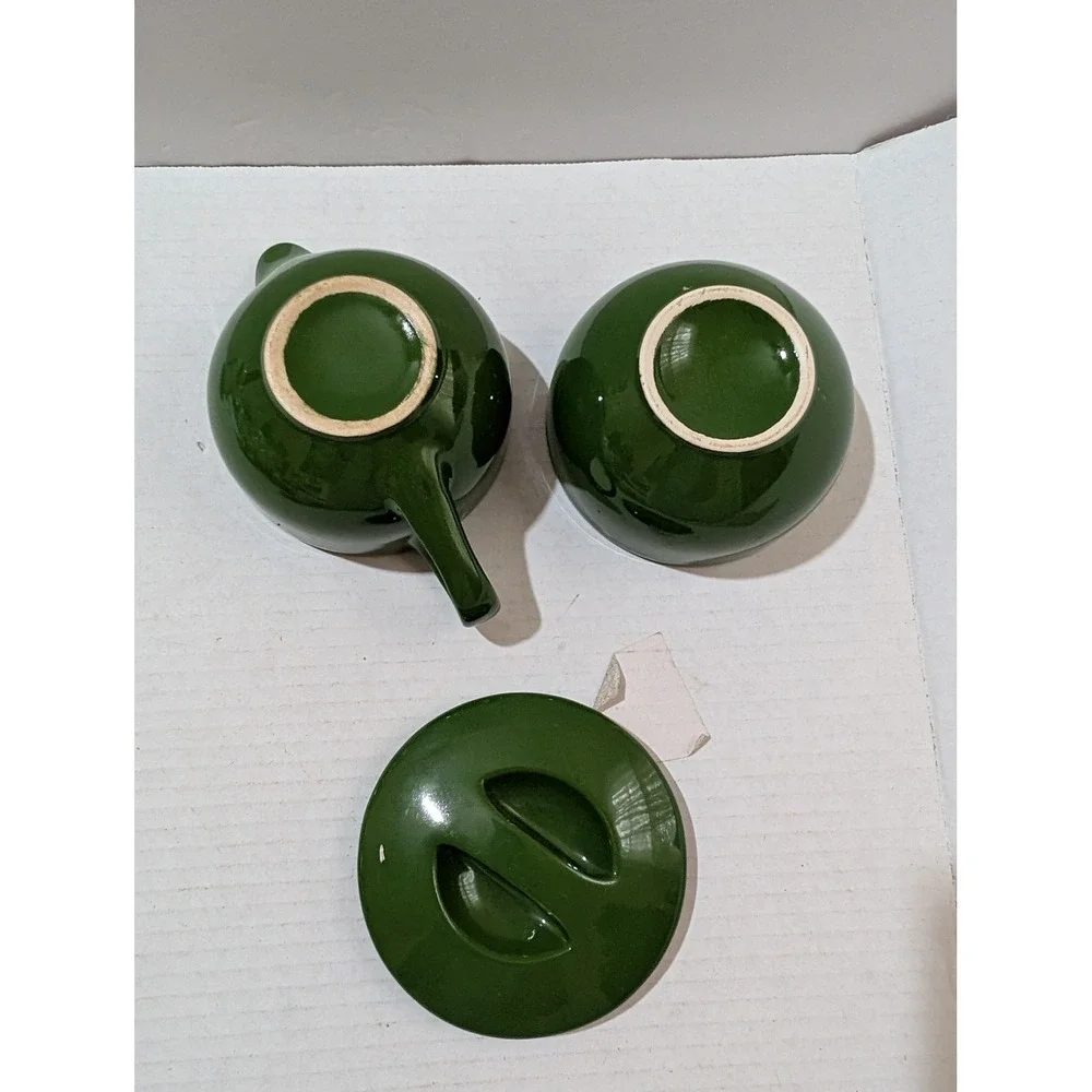 Vintage Green Ceramic Creamer and Lidded Sugar Bowl Set Mid Century Modern